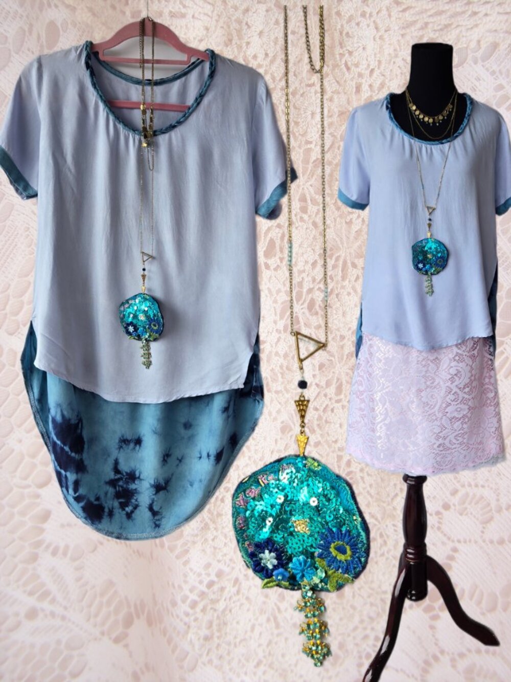 BUNDLE (2) Artsy Boho Tie Dye High Low Hem Top Waterfall Embroidered Necklace